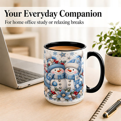 #pl[15oz|Black] Snowman Couple Christmas Coffee Mug, Patchwork Winter Mug, Ceramic Cup