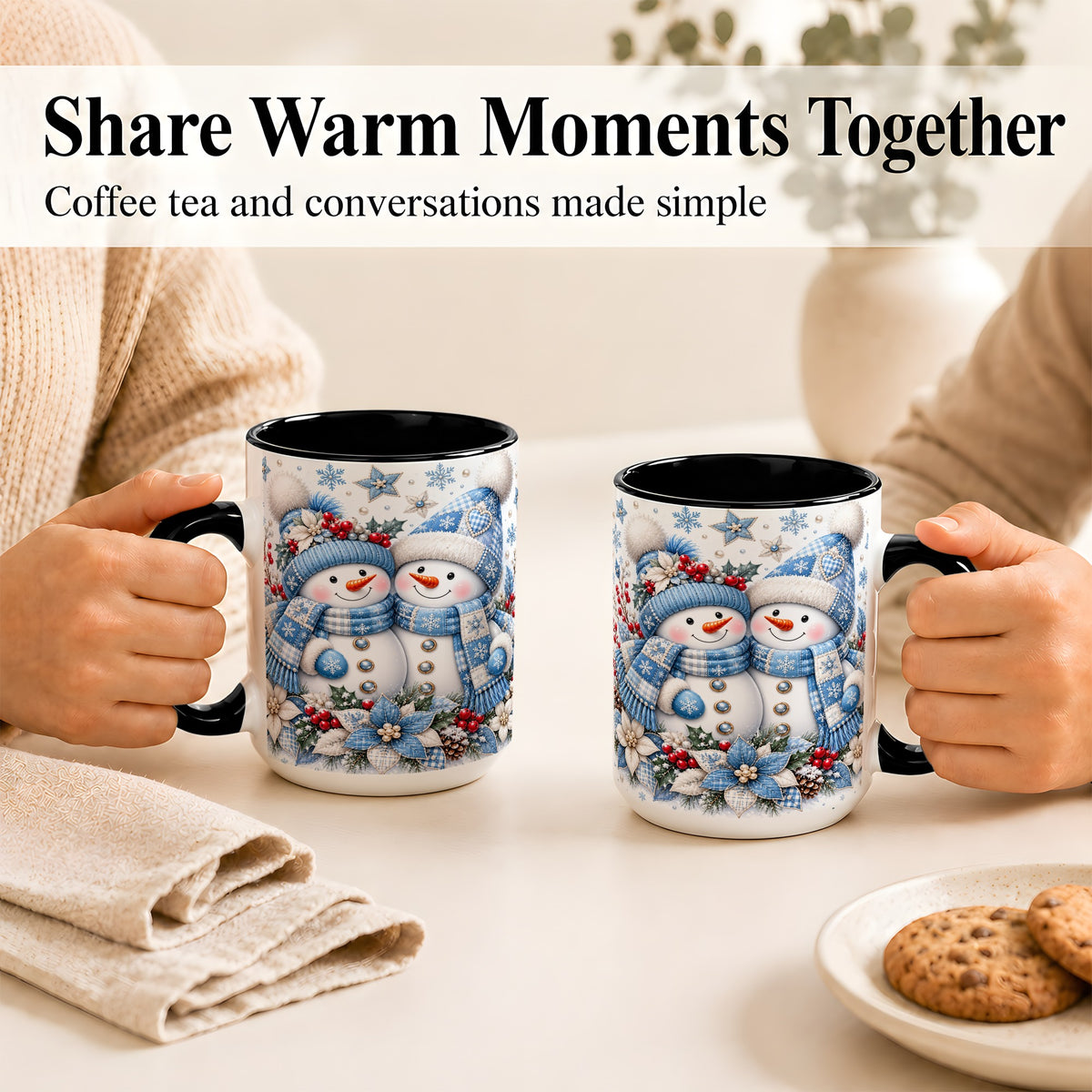 #pl[15oz|Black] Snowman Couple Christmas Coffee Mug, Patchwork Winter Mug, Ceramic Cup