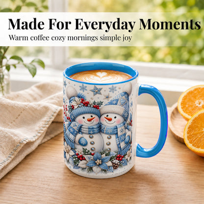 #pl[15oz|Blue] Snowman Couple Christmas Coffee Mug, Patchwork Winter Mug, Ceramic Cup
