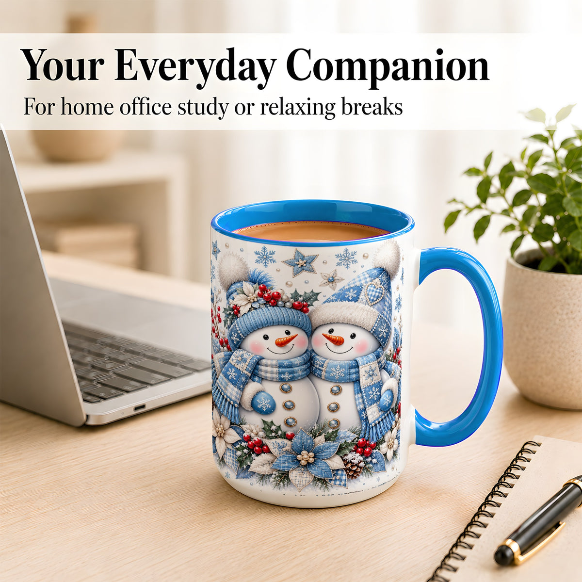 #pl[15oz|Blue] Snowman Couple Christmas Coffee Mug, Patchwork Winter Mug, Ceramic Cup