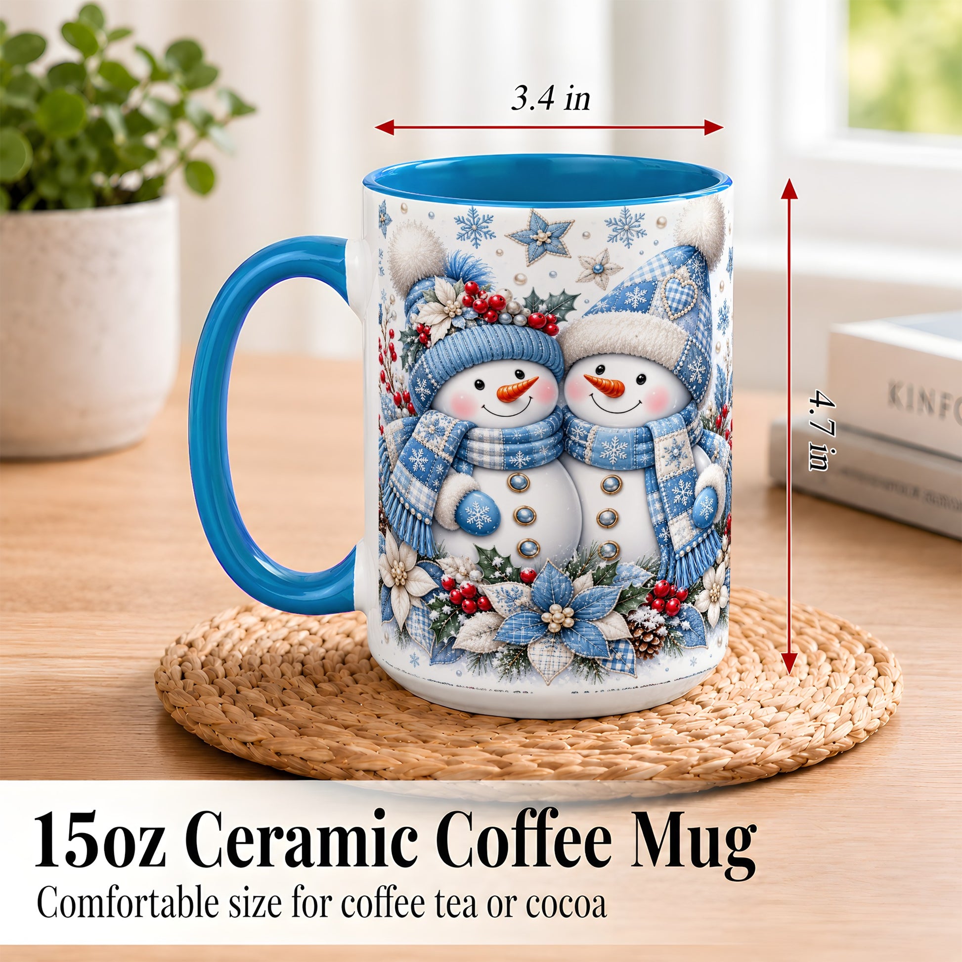 #pl[15oz|Blue] Snowman Couple Christmas Coffee Mug, Patchwork Winter Mug, Ceramic Cup