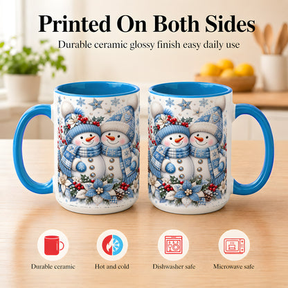 #pl[15oz|Blue] Snowman Couple Christmas Coffee Mug, Patchwork Winter Mug, Ceramic Cup