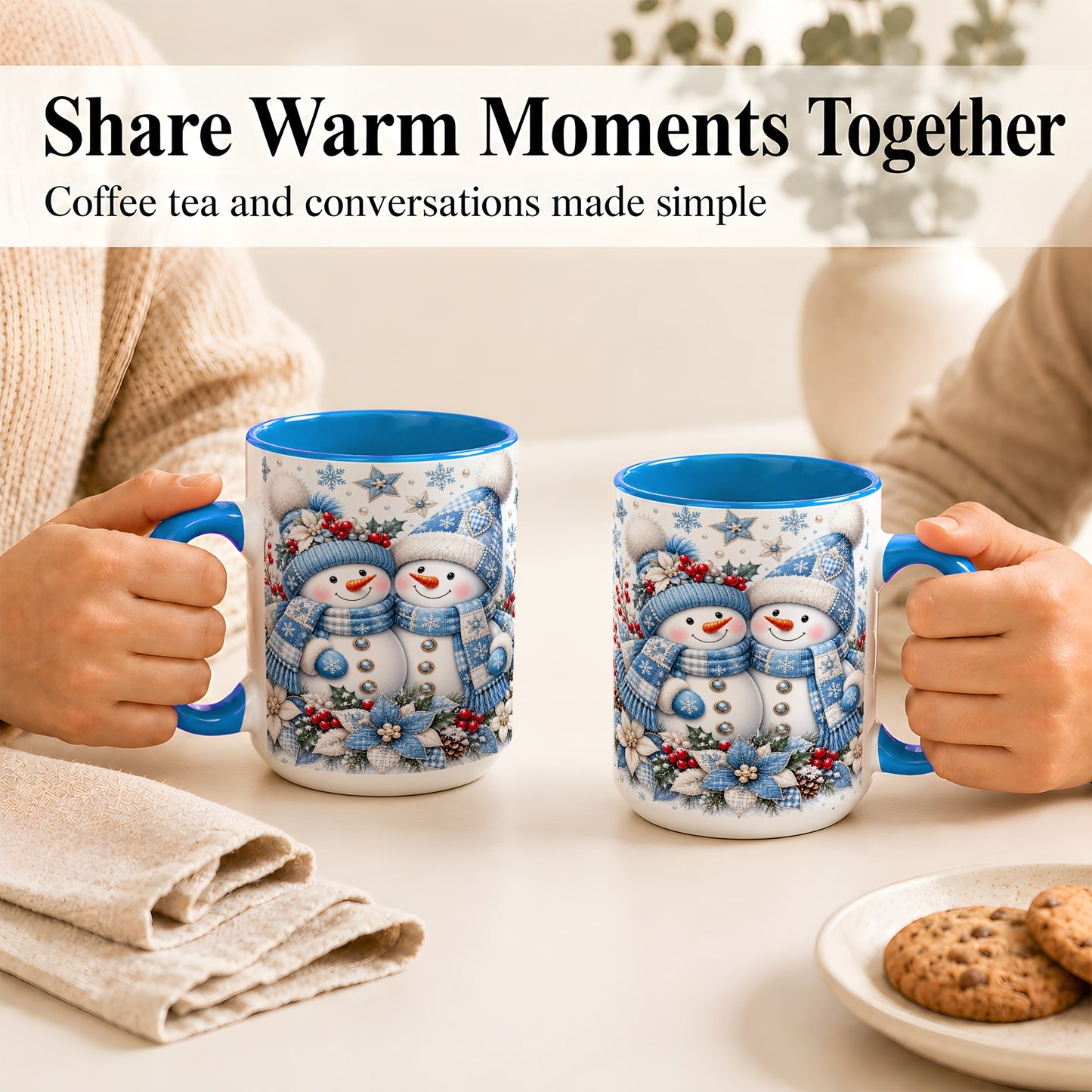 #pl[15oz|Blue] Snowman Couple Christmas Coffee Mug, Patchwork Winter Mug, Ceramic Cup