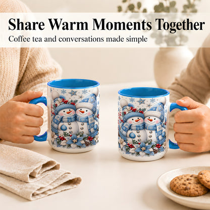#pl[15oz|Blue] Snowman Couple Christmas Coffee Mug, Patchwork Winter Mug, Ceramic Cup