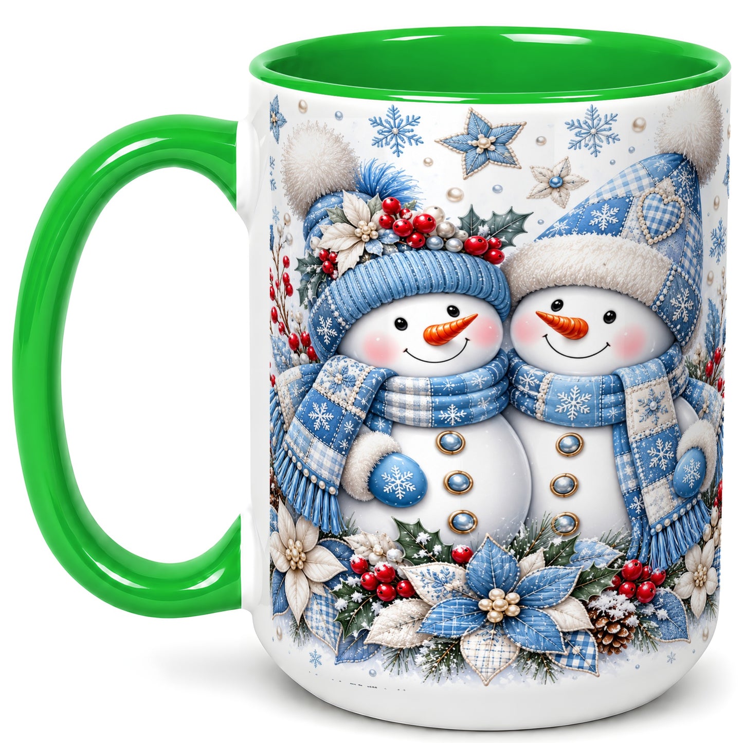 #pl[15oz|Green] Snowman Couple Christmas Coffee Mug, Patchwork Winter Mug, Ceramic Cup