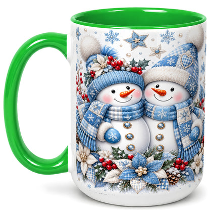 #pl[15oz|Green] Snowman Couple Christmas Coffee Mug, Patchwork Winter Mug, Ceramic Cup