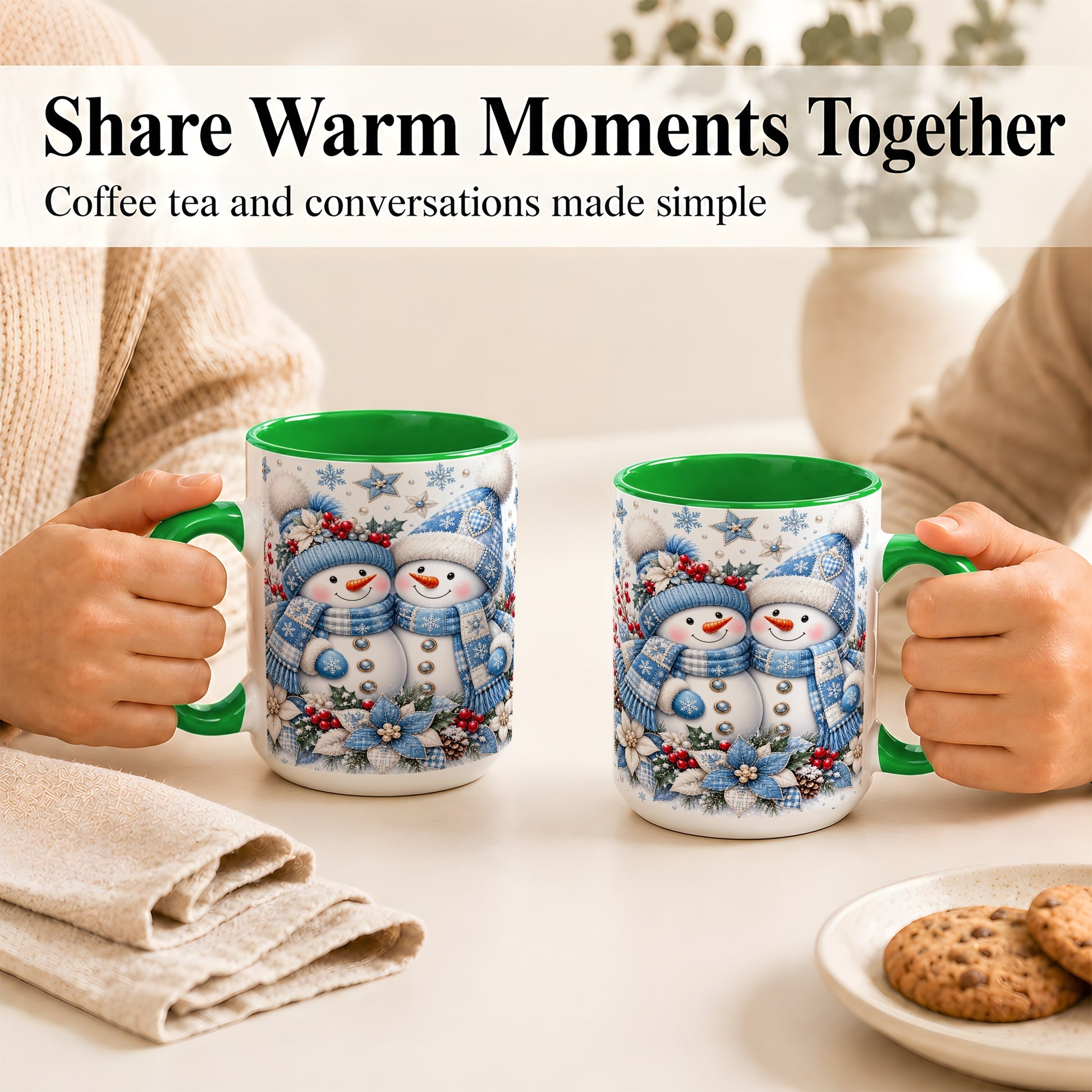 #pl[15oz|Green] Snowman Couple Christmas Coffee Mug, Patchwork Winter Mug, Ceramic Cup