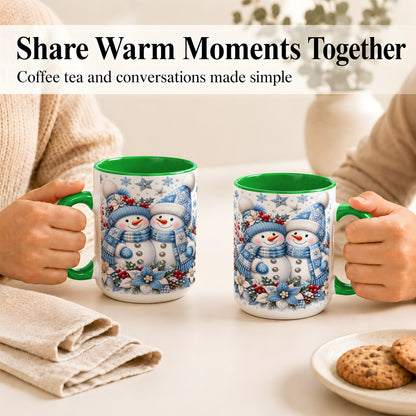 #pl[15oz|Green] Snowman Couple Christmas Coffee Mug, Patchwork Winter Mug, Ceramic Cup