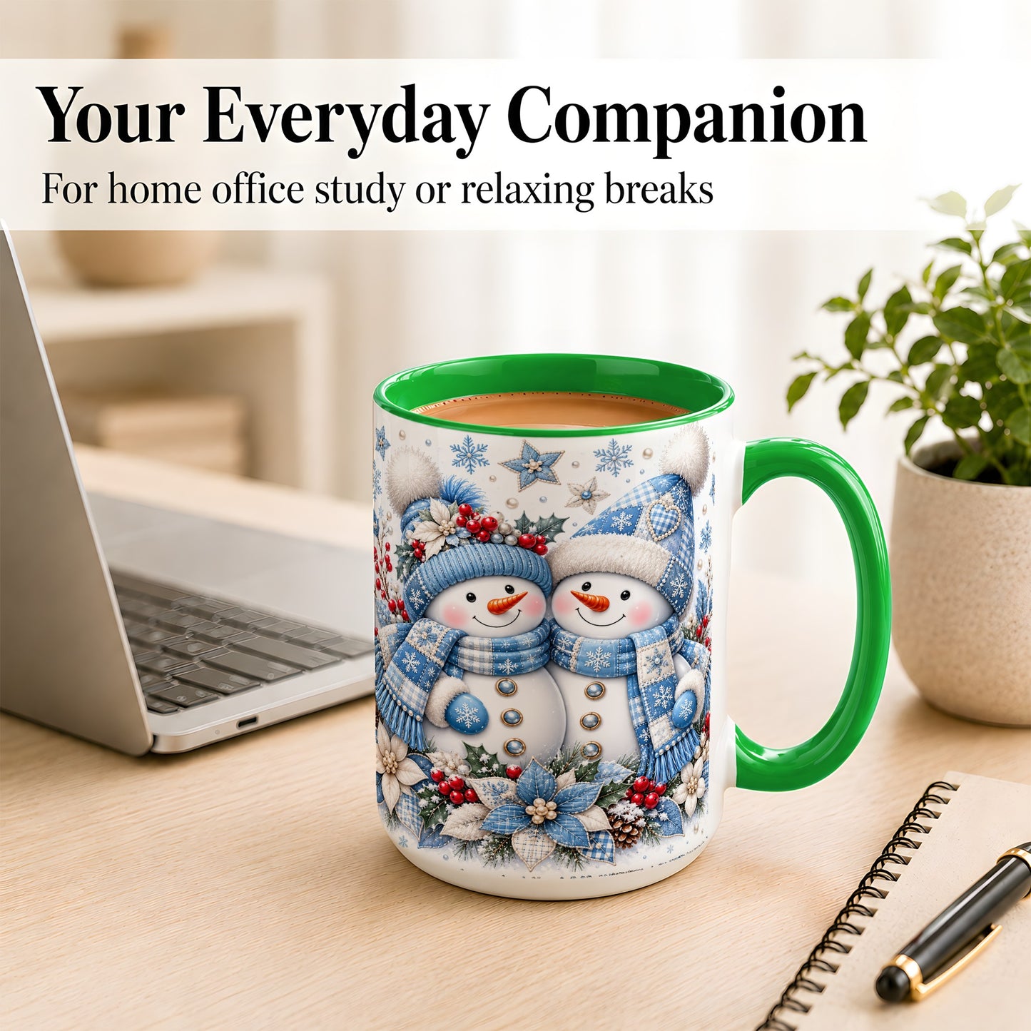 #pl[15oz|Green] Snowman Couple Christmas Coffee Mug, Patchwork Winter Mug, Ceramic Cup
