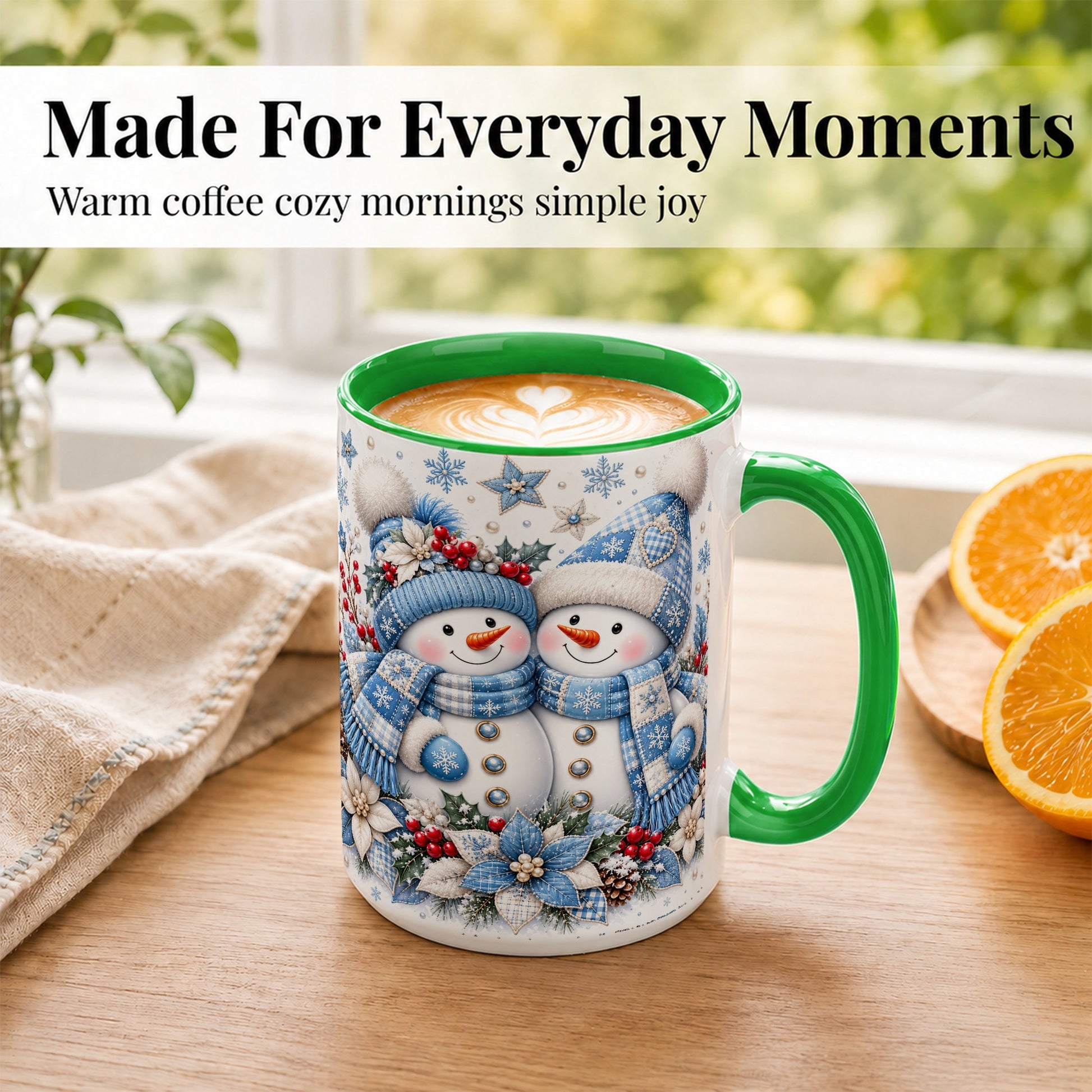 #pl[15oz|Green] Snowman Couple Christmas Coffee Mug, Patchwork Winter Mug, Ceramic Cup