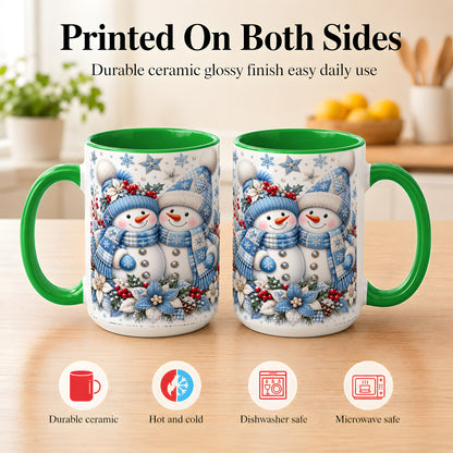 #pl[15oz|Green] Snowman Couple Christmas Coffee Mug, Patchwork Winter Mug, Ceramic Cup
