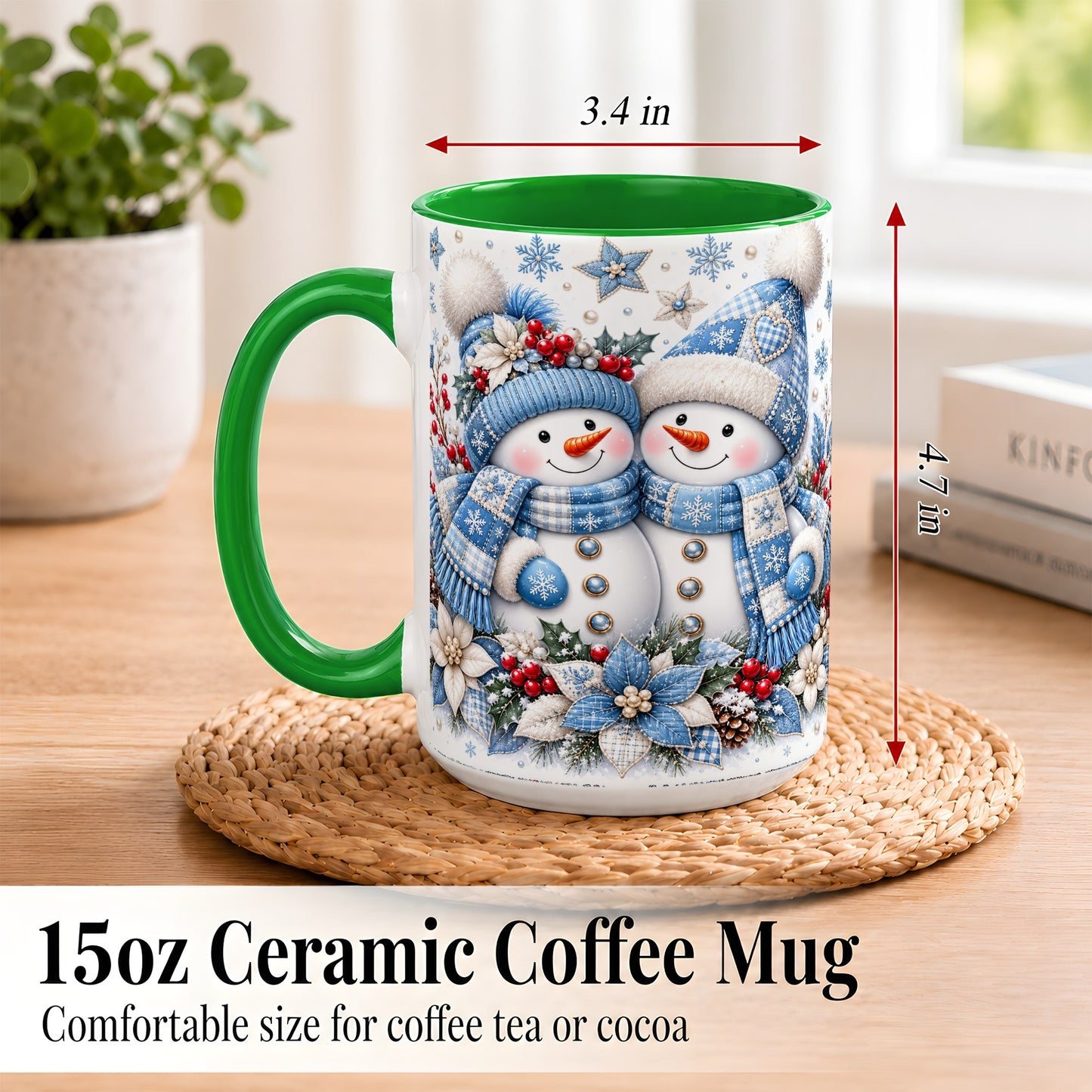 #pl[15oz|Green] Snowman Couple Christmas Coffee Mug, Patchwork Winter Mug, Ceramic Cup