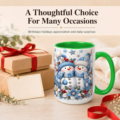 #pl[15oz|Green] Snowman Couple Christmas Coffee Mug, Patchwork Winter Mug, Ceramic Cup
