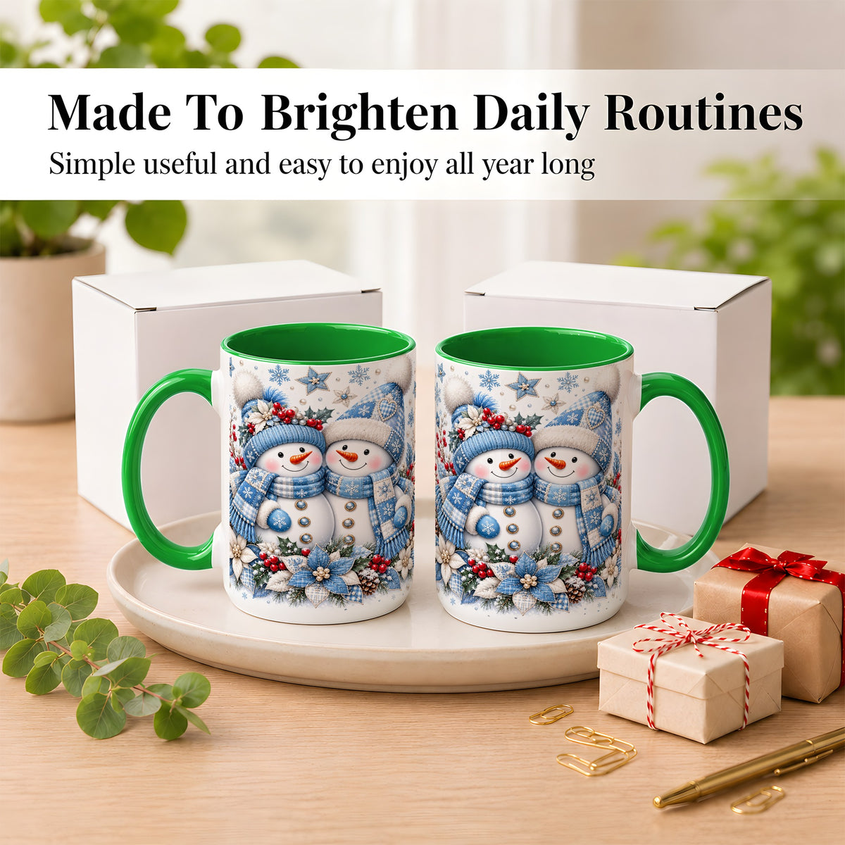 #pl[15oz|Green] Snowman Couple Christmas Coffee Mug, Patchwork Winter Mug, Ceramic Cup