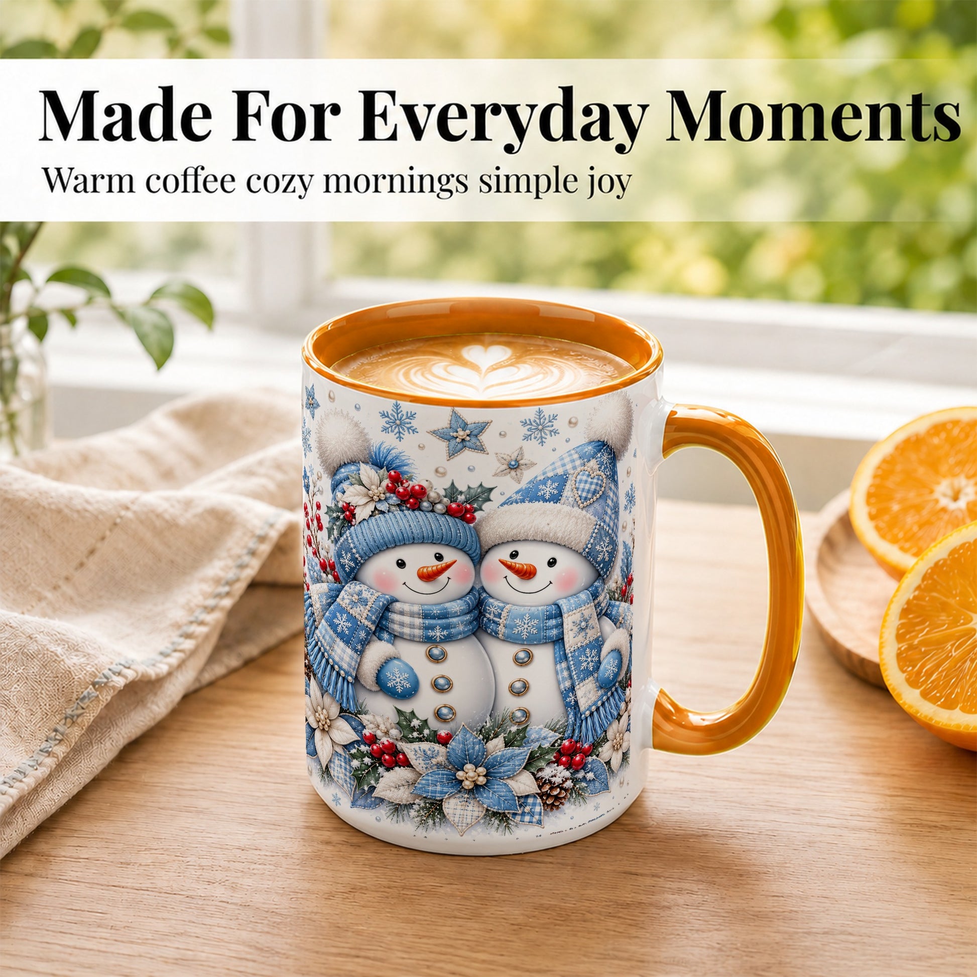 #pl[15oz|Orange] Snowman Couple Christmas Coffee Mug, Patchwork Winter Mug, Ceramic Cup