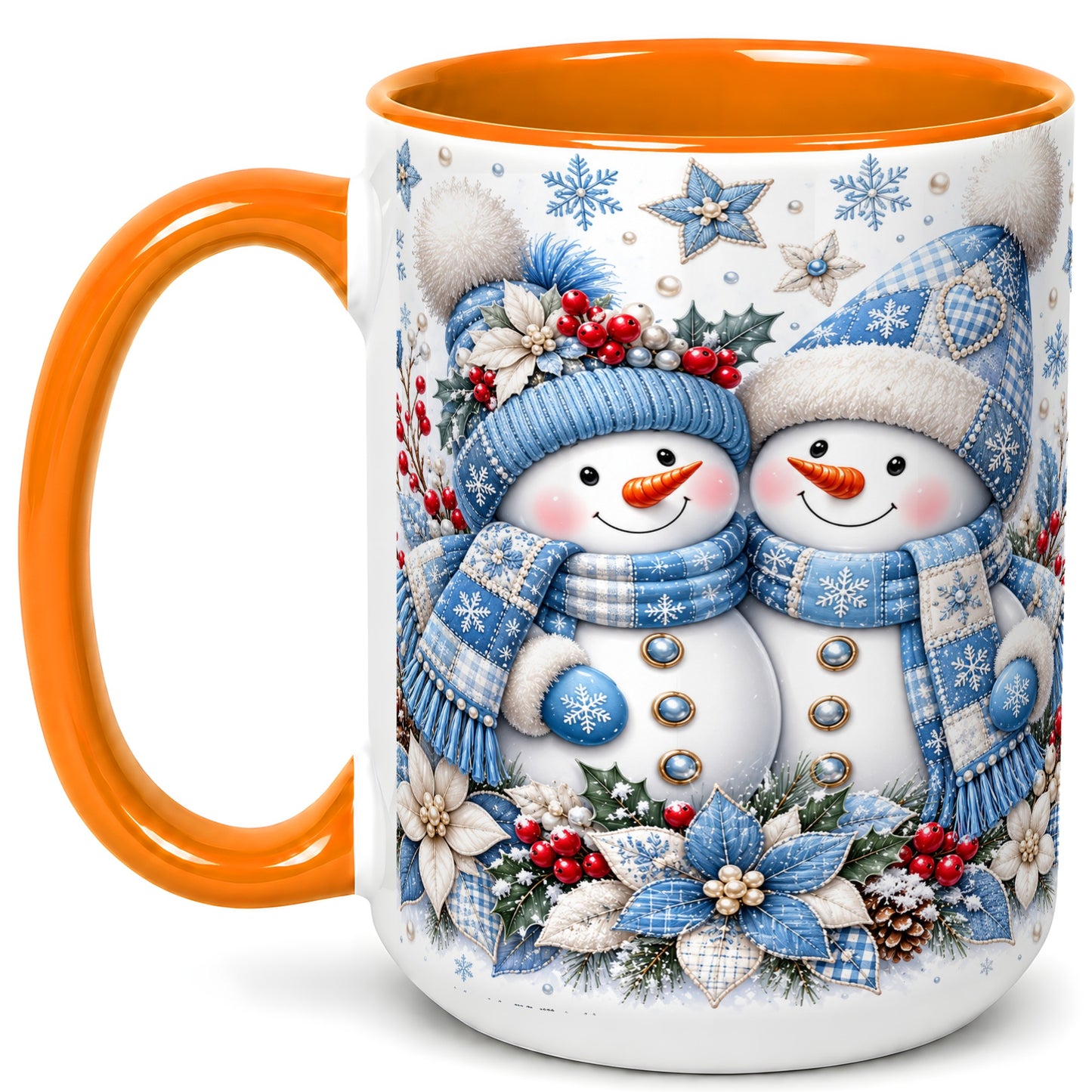 #pl[15oz|Orange] Snowman Couple Christmas Coffee Mug, Patchwork Winter Mug, Ceramic Cup
