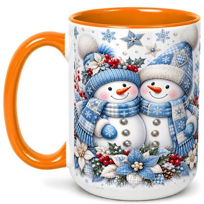 #pl[15oz|Orange] Snowman Couple Christmas Coffee Mug, Patchwork Winter Mug, Ceramic Cup