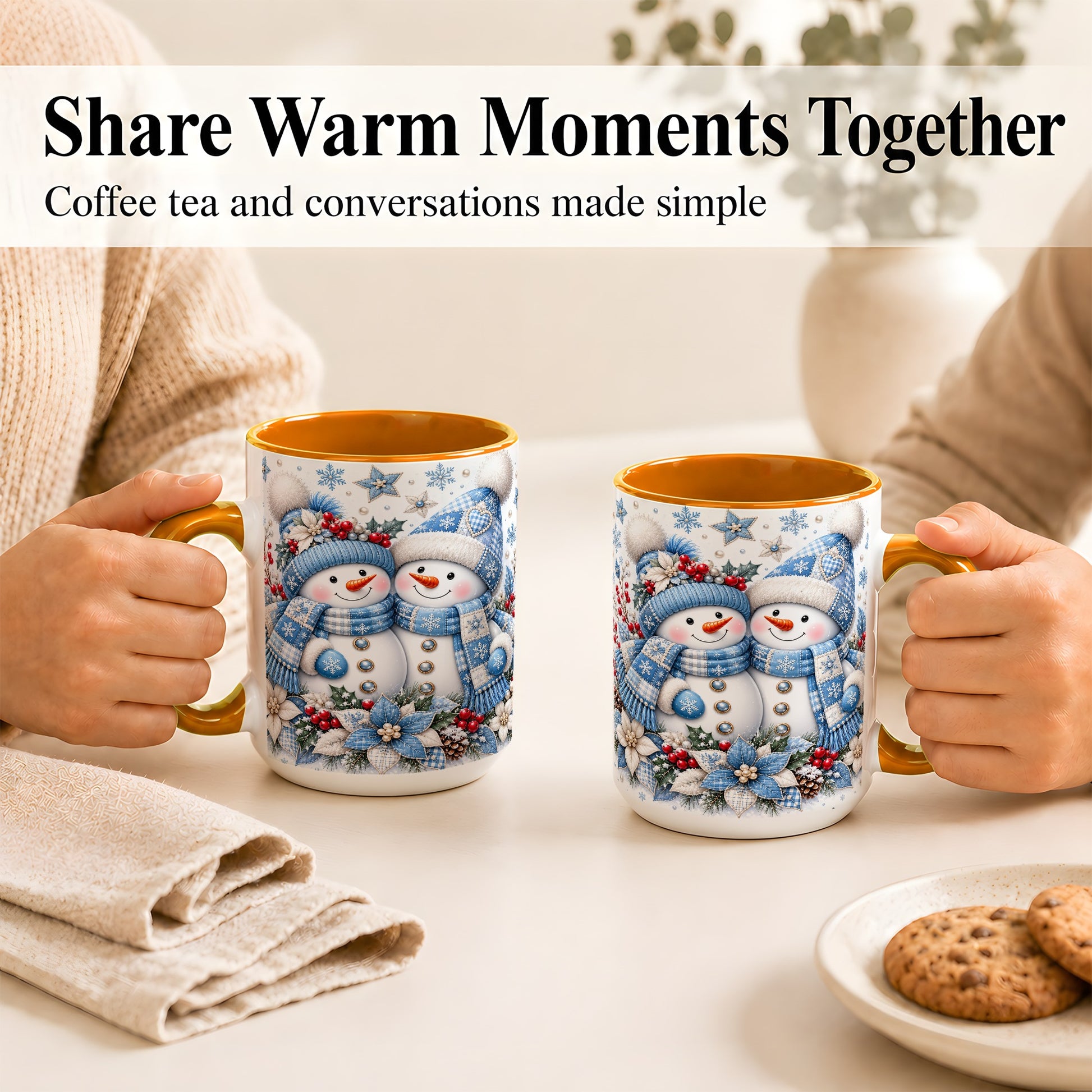 #pl[15oz|Orange] Snowman Couple Christmas Coffee Mug, Patchwork Winter Mug, Ceramic Cup