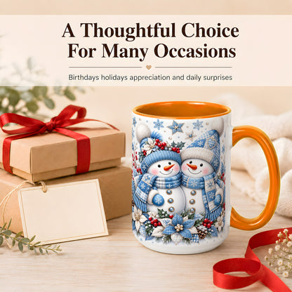 #pl[15oz|Orange] Snowman Couple Christmas Coffee Mug, Patchwork Winter Mug, Ceramic Cup