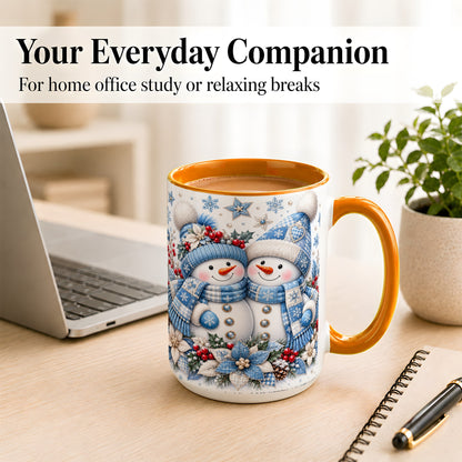 #pl[15oz|Orange] Snowman Couple Christmas Coffee Mug, Patchwork Winter Mug, Ceramic Cup
