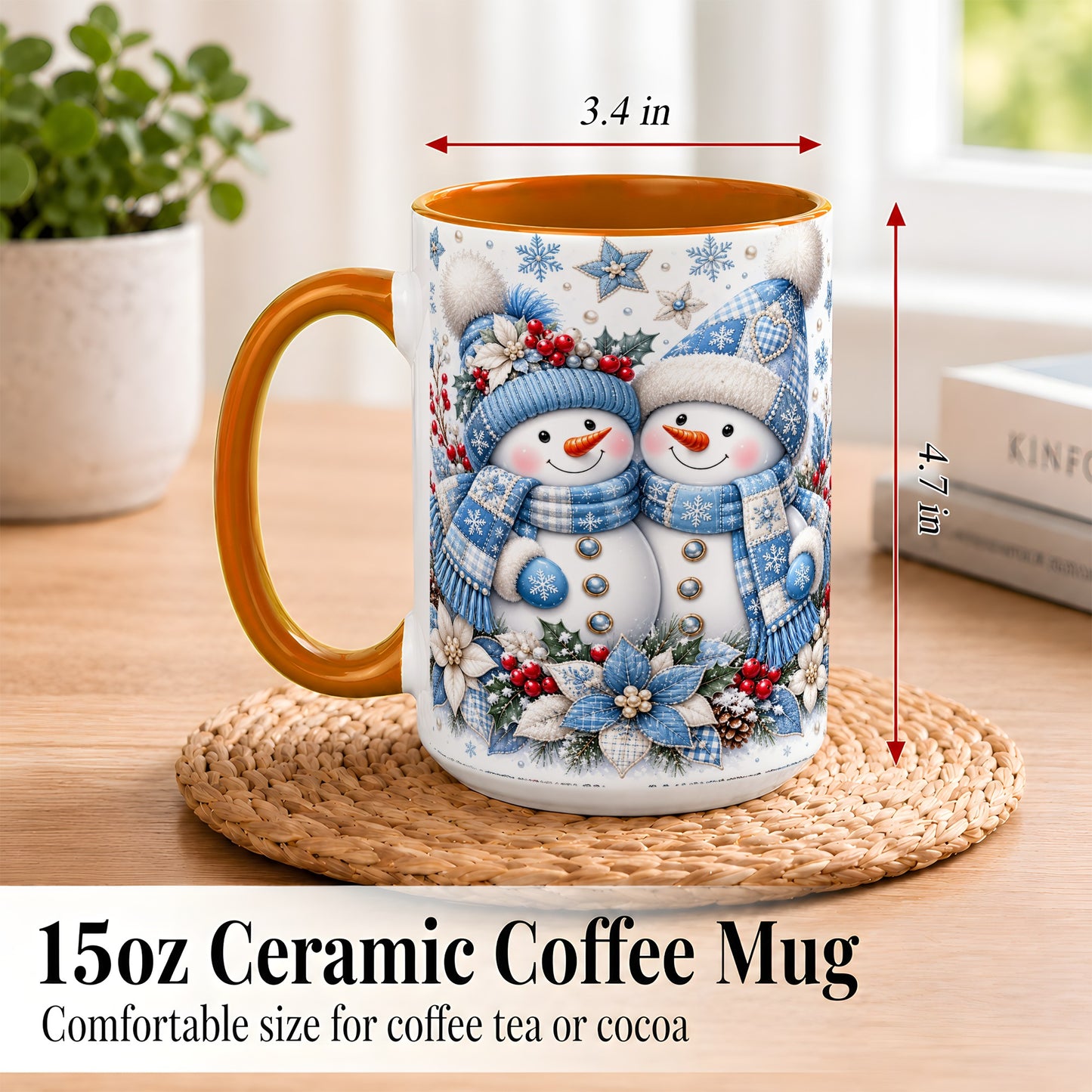 #pl[15oz|Orange] Snowman Couple Christmas Coffee Mug, Patchwork Winter Mug, Ceramic Cup