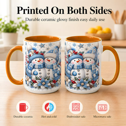 #pl[15oz|Orange] Snowman Couple Christmas Coffee Mug, Patchwork Winter Mug, Ceramic Cup