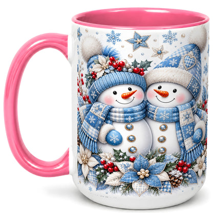 #pl[15oz|Pink] Snowman Couple Christmas Coffee Mug, Patchwork Winter Mug, Ceramic Cup