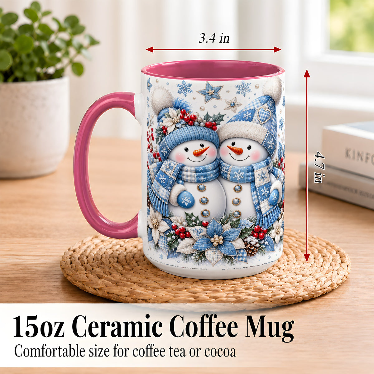 #pl[15oz|Pink] Snowman Couple Christmas Coffee Mug, Patchwork Winter Mug, Ceramic Cup