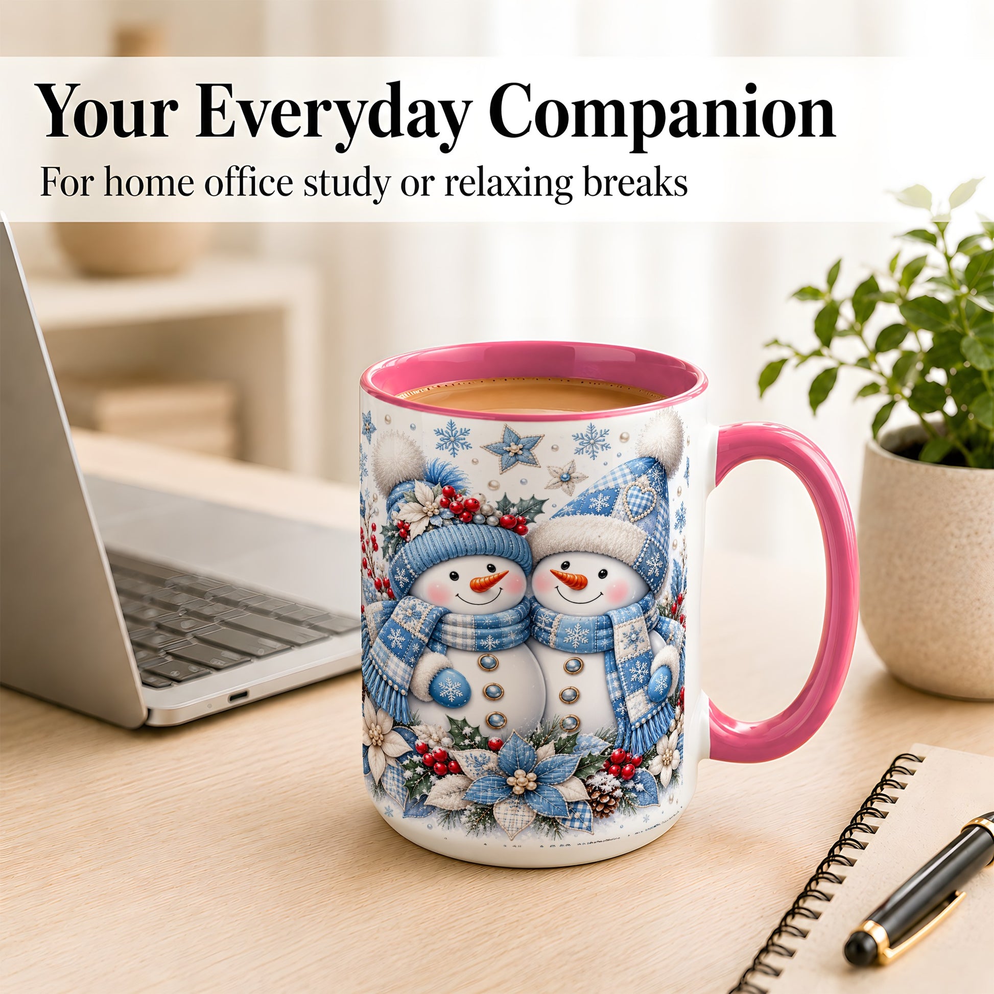 #pl[15oz|Pink] Snowman Couple Christmas Coffee Mug, Patchwork Winter Mug, Ceramic Cup
