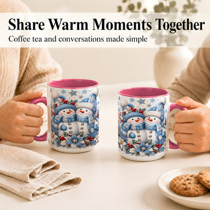 #pl[15oz|Pink] Snowman Couple Christmas Coffee Mug, Patchwork Winter Mug, Ceramic Cup
