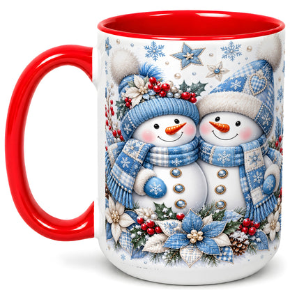 #pl[15oz|Red] Snowman Couple Christmas Coffee Mug, Patchwork Winter Mug, Ceramic Cup