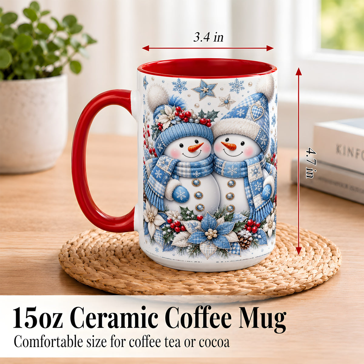 #pl[15oz|Red] Snowman Couple Christmas Coffee Mug, Patchwork Winter Mug, Ceramic Cup