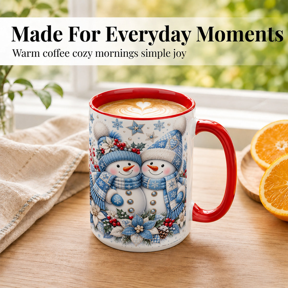 #pl[15oz|Red] Snowman Couple Christmas Coffee Mug, Patchwork Winter Mug, Ceramic Cup