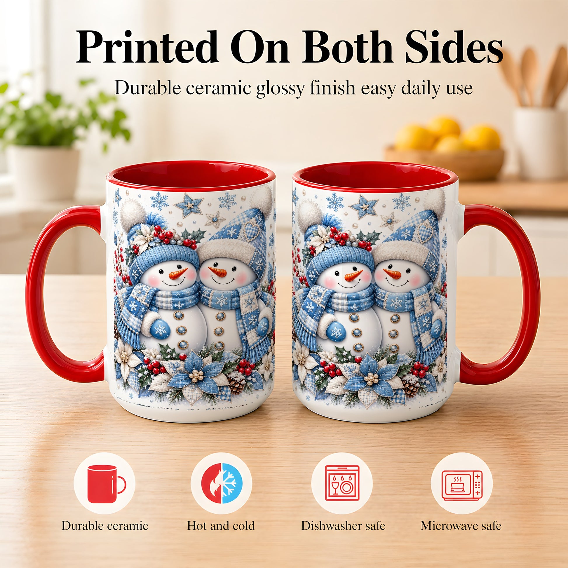 #pl[15oz|Red] Snowman Couple Christmas Coffee Mug, Patchwork Winter Mug, Ceramic Cup
