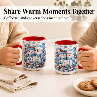 #pl[15oz|Red] Snowman Couple Christmas Coffee Mug, Patchwork Winter Mug, Ceramic Cup