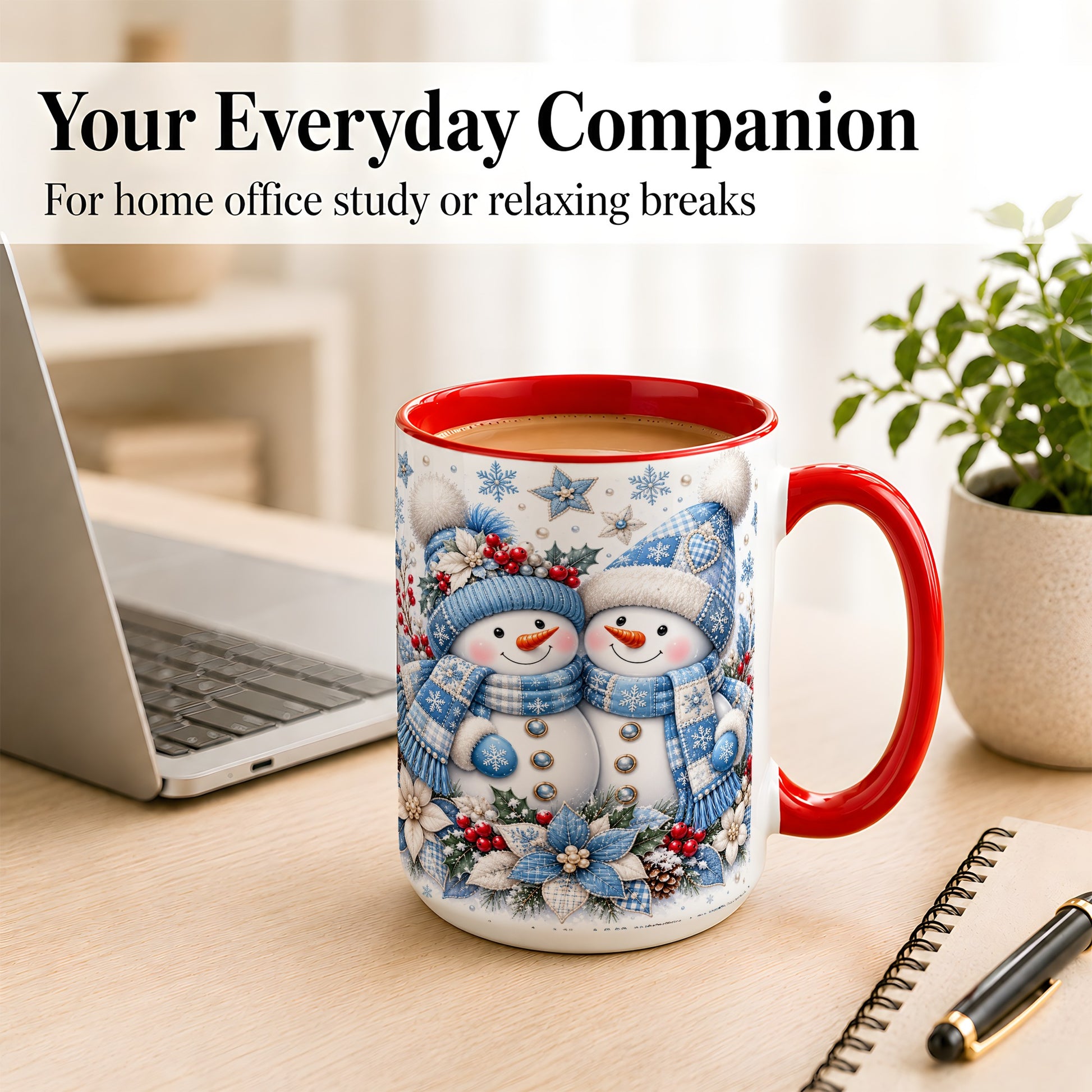 #pl[15oz|Red] Snowman Couple Christmas Coffee Mug, Patchwork Winter Mug, Ceramic Cup