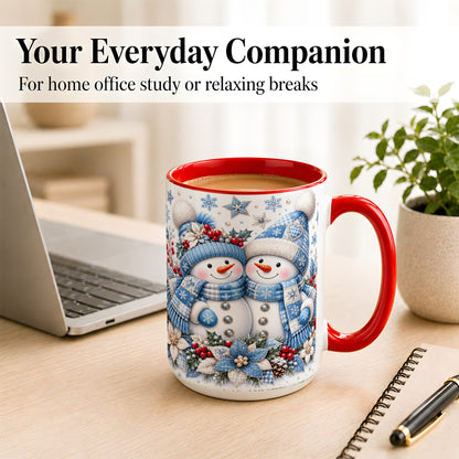 #pl[15oz|Red] Snowman Couple Christmas Coffee Mug, Patchwork Winter Mug, Ceramic Cup