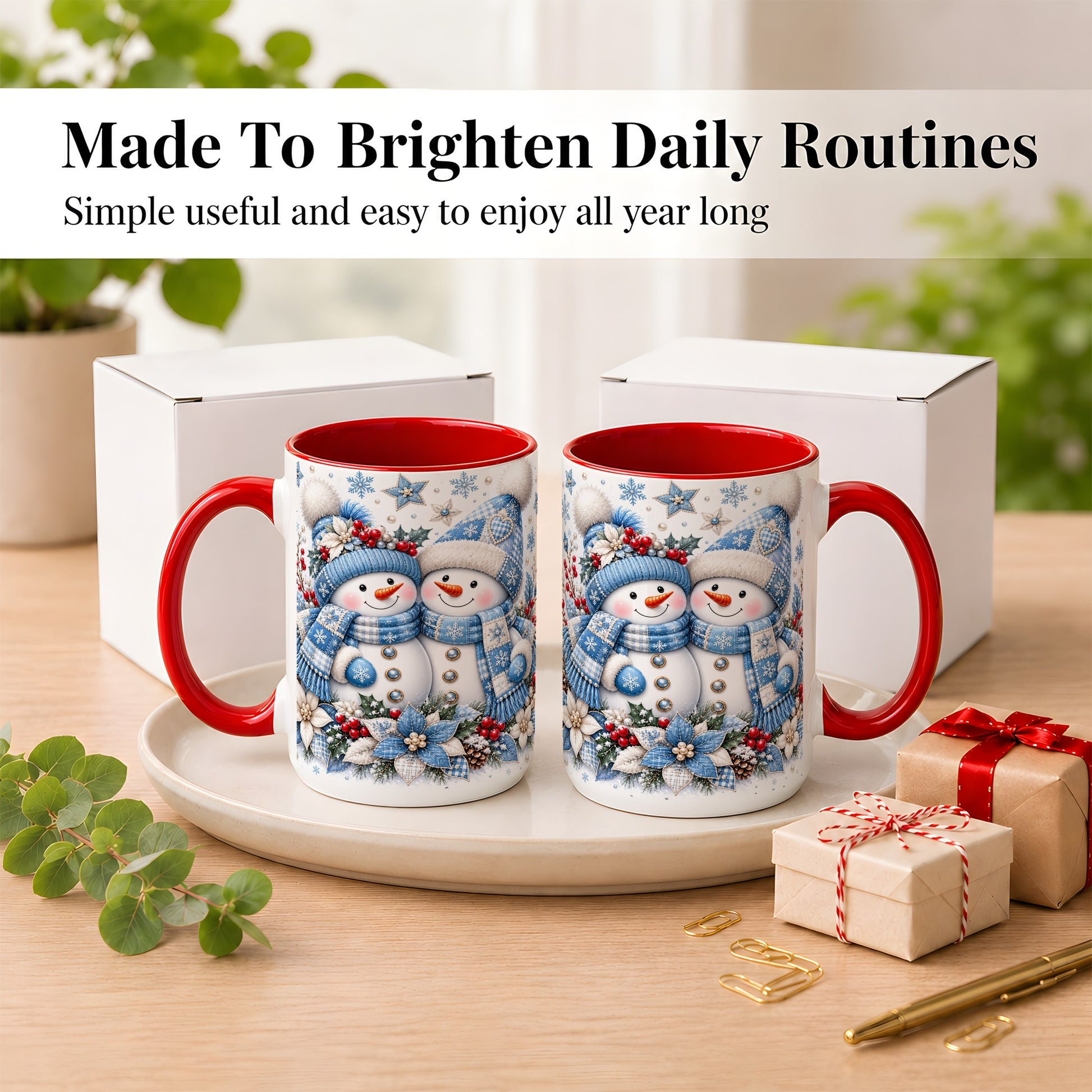 #pl[15oz|Red] Snowman Couple Christmas Coffee Mug, Patchwork Winter Mug, Ceramic Cup