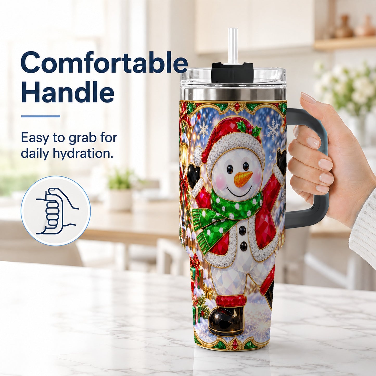 #pl[40oz|Black] Christmas Snowman 40oz Tumbler with Handle, Holiday Travel Cup