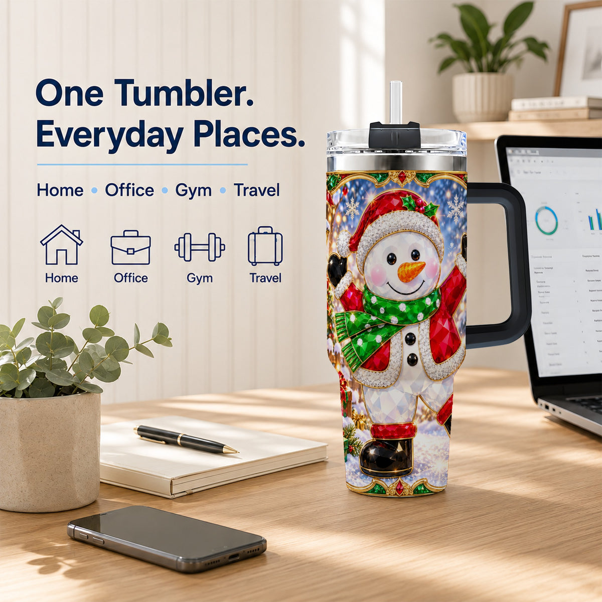 #pl[40oz|Black] Christmas Snowman 40oz Tumbler with Handle, Holiday Travel Cup