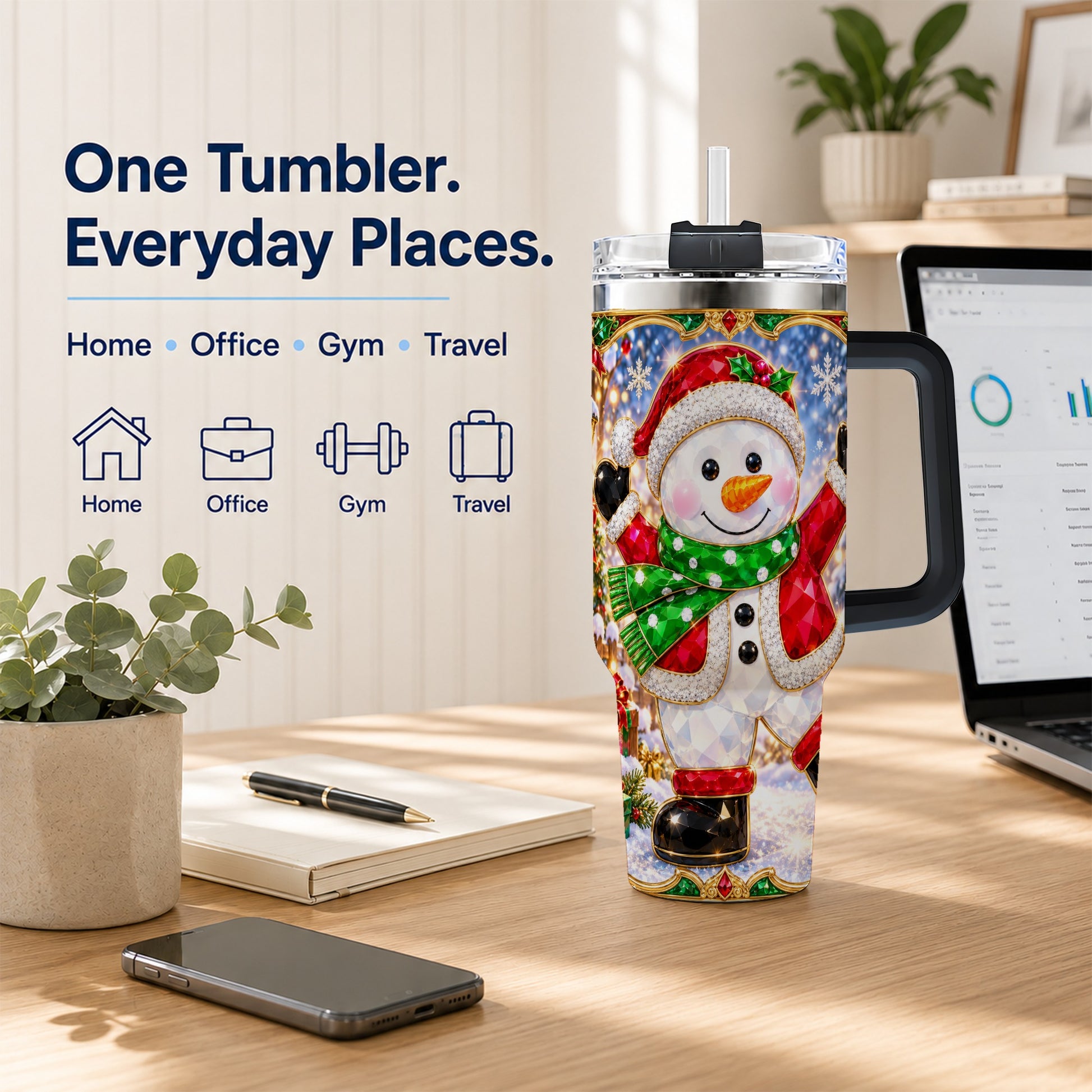 #pl[40oz|Black] Christmas Snowman 40oz Tumbler with Handle, Holiday Travel Cup