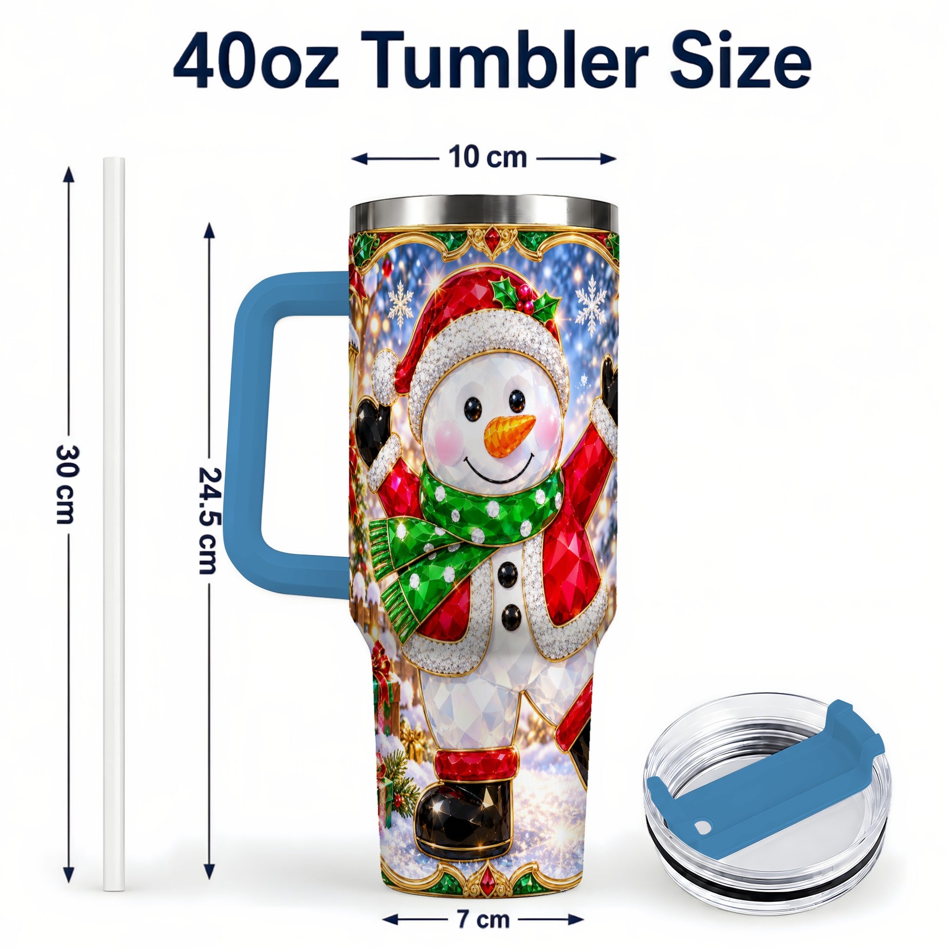 #pl[40oz|Blue] Christmas Snowman 40oz Tumbler with Handle, Holiday Travel Cup