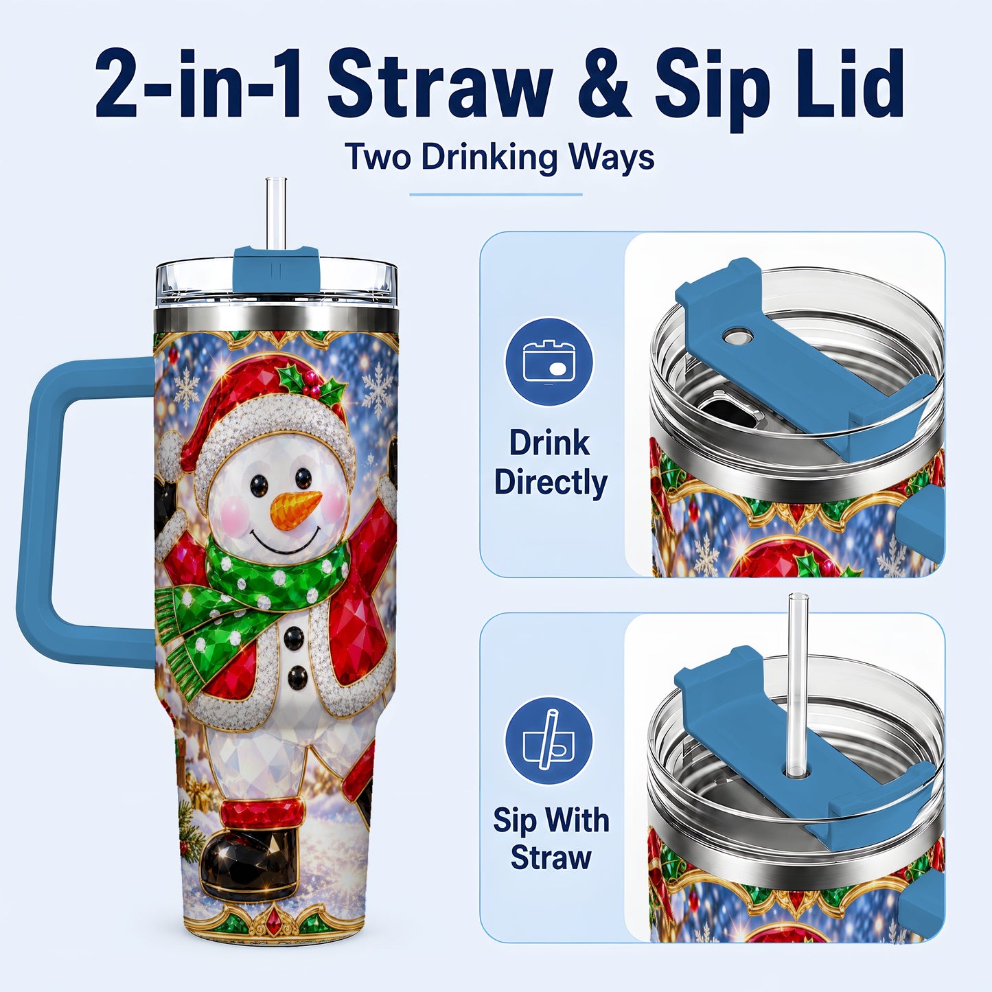 #pl[40oz|Blue] Christmas Snowman 40oz Tumbler with Handle, Holiday Travel Cup