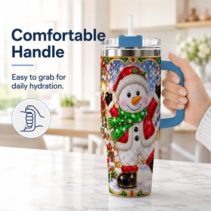 #pl[40oz|Blue] Christmas Snowman 40oz Tumbler with Handle, Holiday Travel Cup