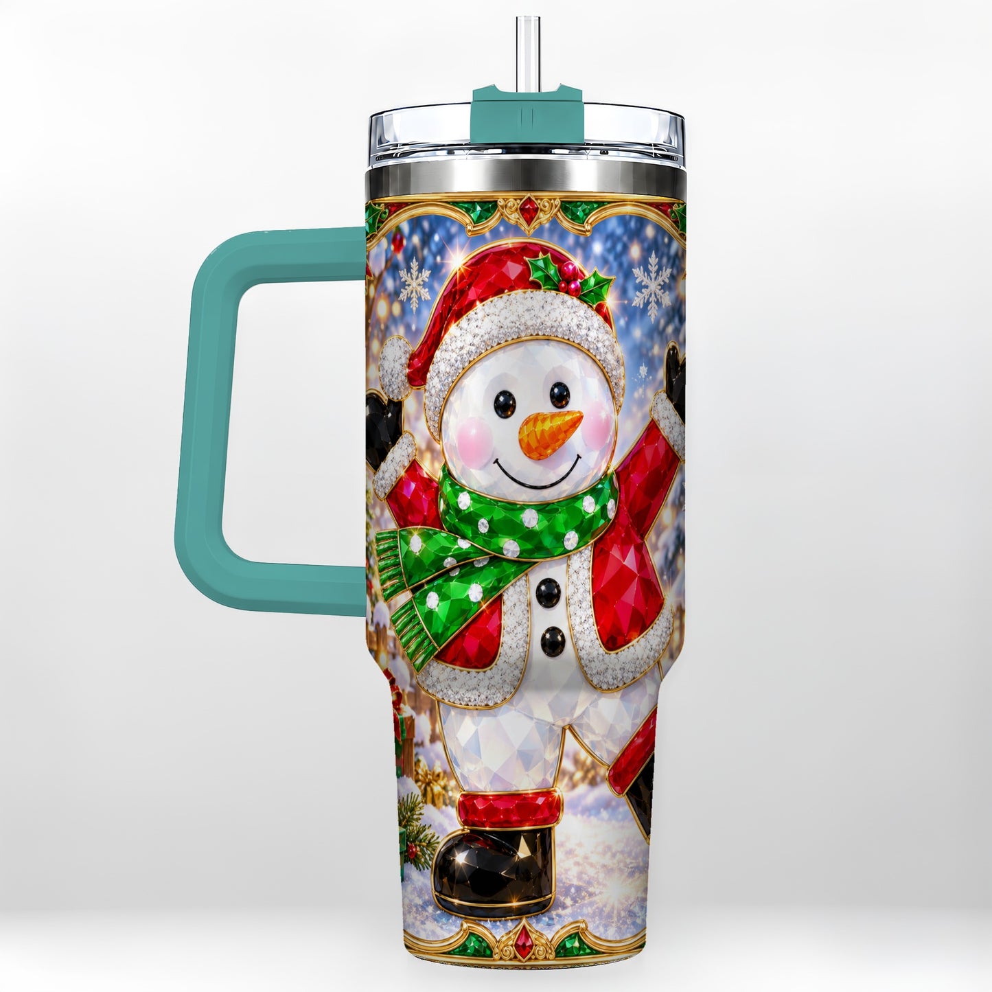 #pl[40oz|Green] Christmas Snowman 40oz Tumbler with Handle, Holiday Travel Cup