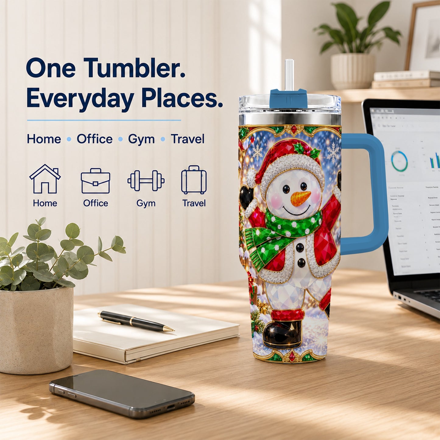 #pl[40oz|Blue] Christmas Snowman 40oz Tumbler with Handle, Holiday Travel Cup