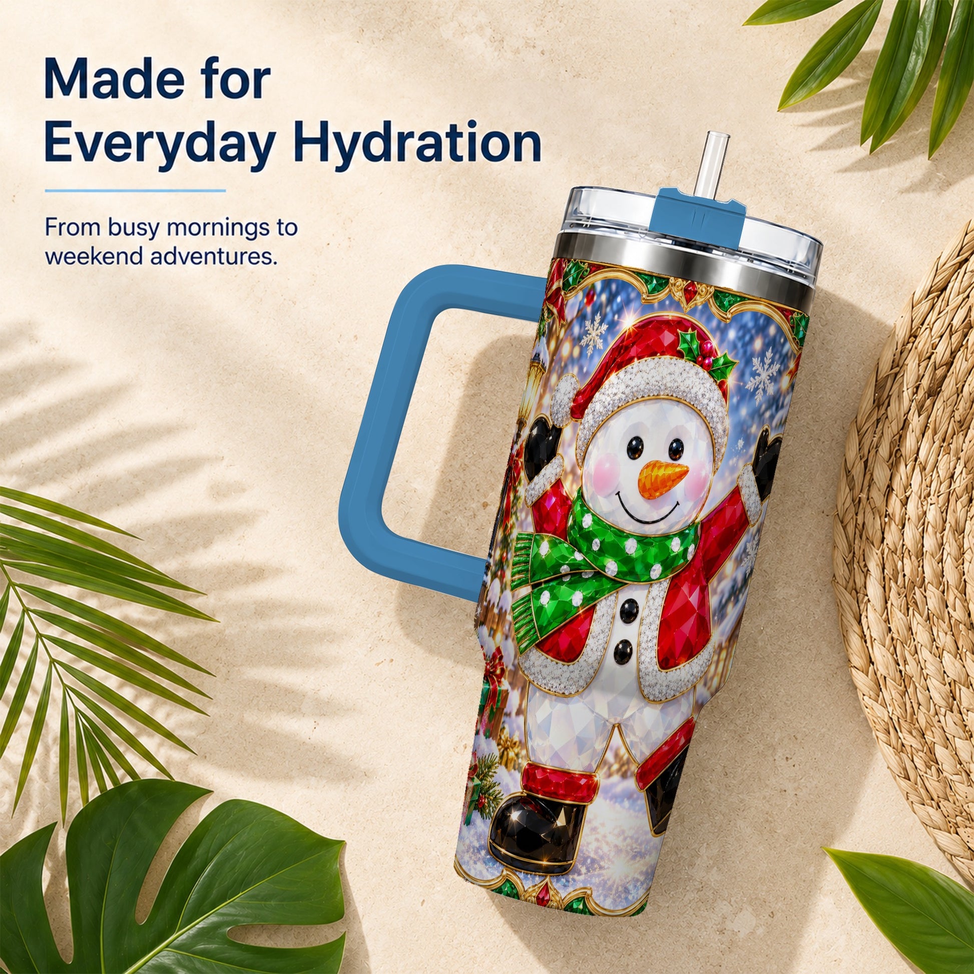 #pl[40oz|Blue] Christmas Snowman 40oz Tumbler with Handle, Holiday Travel Cup