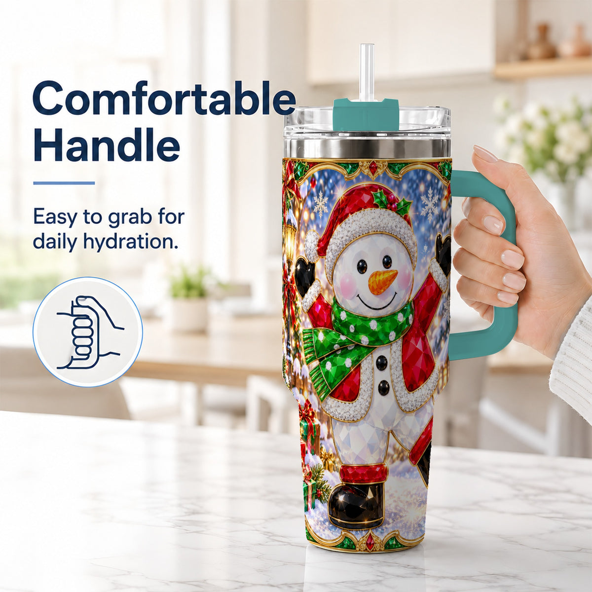 #pl[40oz|Green] Christmas Snowman 40oz Tumbler with Handle, Holiday Travel Cup