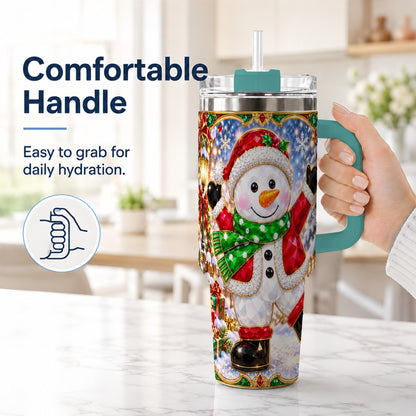 #pl[40oz|Green] Christmas Snowman 40oz Tumbler with Handle, Holiday Travel Cup