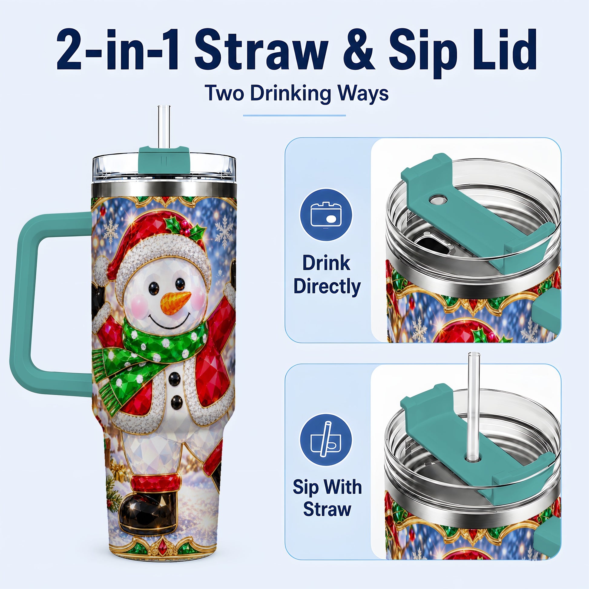 #pl[40oz|Green] Christmas Snowman 40oz Tumbler with Handle, Holiday Travel Cup